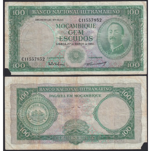 Nota Cem Escudos 1961 Aires de Ornelas, 100 Escudos 27/03/1961 - Moçambique Pick 109 (Muito Circulada)