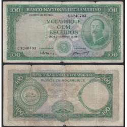 Nota Cem Escudos 1961 Aires de Ornelas, 100 Escudos 27/03/1961 - Moçambique Pick 109 (Muito Circulada)