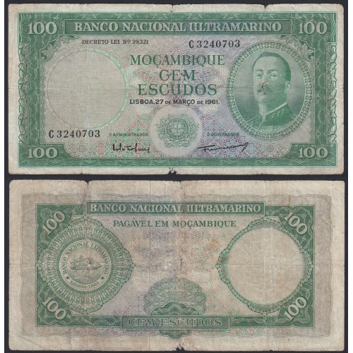 Nota Cem Escudos 1961 Aires de Ornelas, 100 Escudos 27/03/1961 - Moçambique Pick 109 (Muito Circulada)