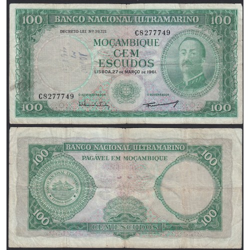 Nota Cem Escudos 1961 Aires de Ornelas, 100 Escudos 27/03/1961 - Moçambique Pick 109 (Muito Circulada)