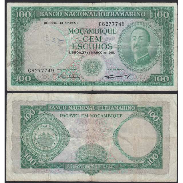 Nota Cem Escudos 1961 Aires de Ornelas, 100 Escudos 27/03/1961 - Moçambique Pick 109 (Muito Circulada)