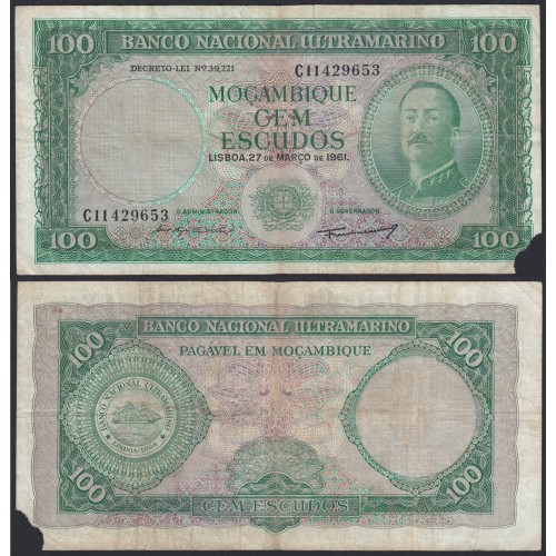 Nota Cem Escudos 1961 Aires de Ornelas, 100 Escudos 27/03/1961 - Moçambique Pick 109 (Muito Circulada)