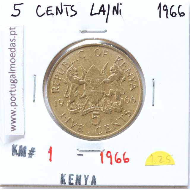 Quénia 5 cêntimos 1966 Latão-Níquel, Kenya 5 cents 1966 Nickel brass, World Coins - Kenya KM 1