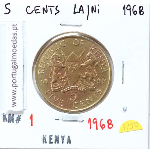 Quénia 5 cêntimos 1968 Latão-Níquel, Kenya 5 cents 1968 Nickel brass, World Coins - Kenya KM 1