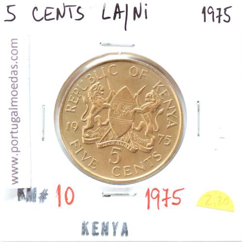 Quénia 5 cêntimos 1975 Latão-Níquel, Kenya 5 cents 1975 Nickel brass, World Coins - Kenya KM 10