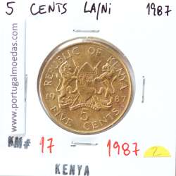 Quénia 5 cêntimos 1987 Latão-Níquel, Kenya 5 cents 1987 Nickel brass, World Coins - Kenya KM 17