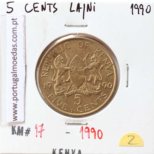 Quénia 5 cêntimos 1990 Latão-Níquel, Kenya 5 cents 1990 Nickel brass, World Coins - Kenya KM 17