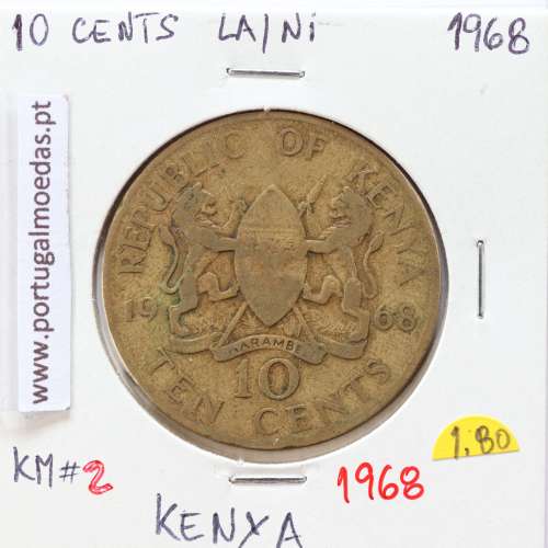 Quénia 10 cêntimos 1968 Latão-Níquel, Kenya 10 cents 1968 Nickel brass, World Coins - Kenya KM 2