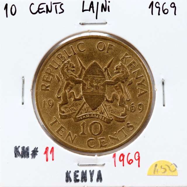Quénia 10 cêntimos 1969 Latão-Níquel, Kenya 10 cents 1969 Nickel brass, World Coins - Kenya KM 11
