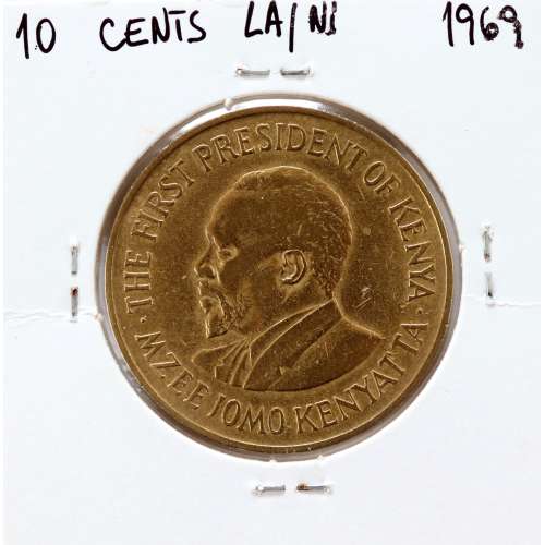 Quénia 10 cêntimos 1969 Latão-Níquel, Kenya 10 cents 1969 Nickel brass, World Coins - Kenya KM 11