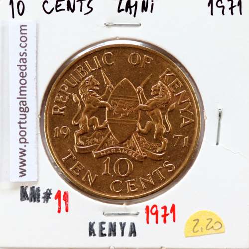 Quénia 10 cêntimos 1971 Latão-Níquel, Kenya 10 cents 1971 Nickel brass, World Coins - Kenya KM 11