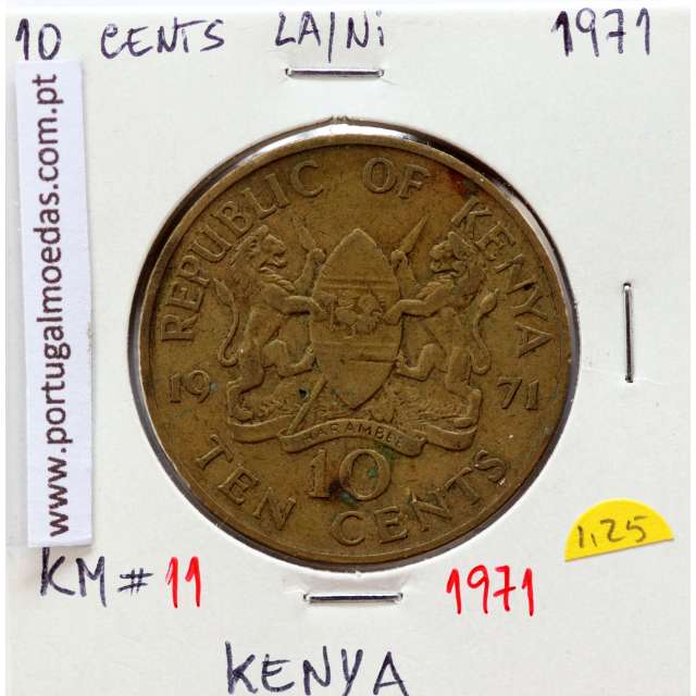Quénia 10 cêntimos 1971 Latão-Níquel, Kenya 10 cents 1971 Nickel brass, World Coins - Kenya KM 11