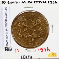 Quénia 10 cêntimos 1974 Latão-Níquel, Kenya 10 cents 1974 Nickel brass, World Coins - Kenya KM 11