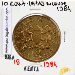 Quénia 10 cêntimos 1984 Latão-Níquel, Kenya 10 cents 1984 Nickel brass, World Coins - Kenya KM 18