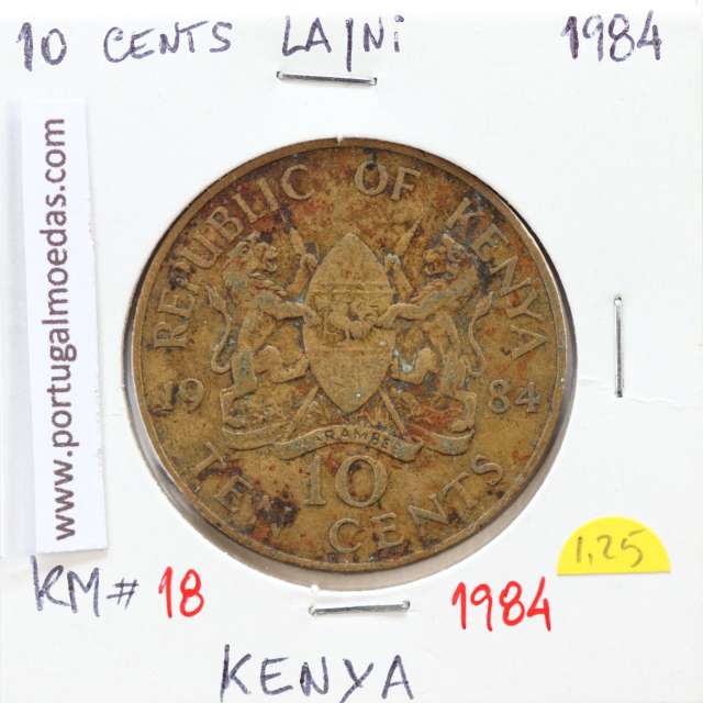 Quénia 10 cêntimos 1984 Latão-Níquel, Kenya 10 cents 1984 Nickel brass, World Coins - Kenya KM 18