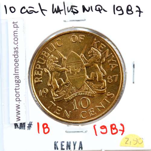 Quénia 10 cêntimos 1987 Latão-Níquel, Kenya 10 cents 1987 Nickel brass, World Coins - Kenya KM 18