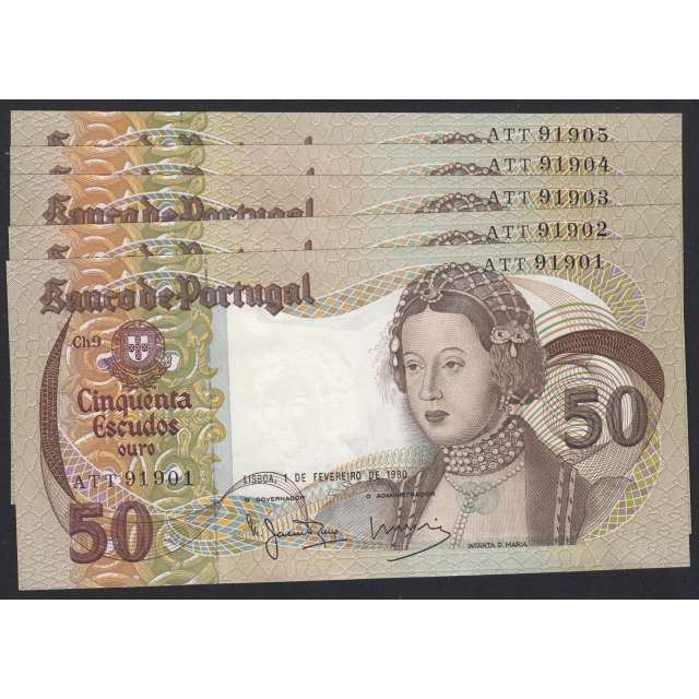 LOTE DE 10 NOTAS COM NÚMEROS SEGUIDOS - 50 ESCUDOS 1980 (MUITO POUCO CIRCULADAS) Ch.9 INFANTA D.MARIA - (01/02/1980)