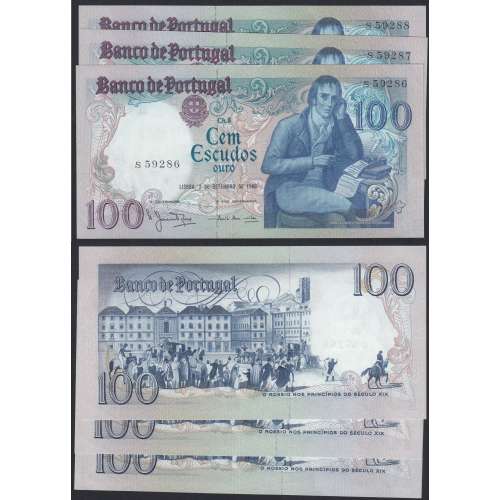 LOTE DE 3 NOTAS C/ NÚMEROS SEGUIDOS - 100 ESCUDOS 1980 (NÃO CIRCULADAS) "100$00 1980 Ch.8 BOCAGE - BANCO DE PORTUGAL(02/09/1980)