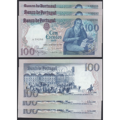 LOTE DE 3 NOTAS C/ NÚMEROS SEGUIDOS - 100 ESCUDOS 1980 (NÃO CIRCULADAS) "100$00 1980 Ch.8 BOCAGE - BANCO DE PORTUGAL(02/09/1980)