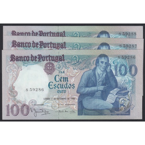 LOTE DE 3 NOTAS C/ NÚMEROS SEGUIDOS - 100 ESCUDOS 1980 (NÃO CIRCULADAS) "100$00 1980 Ch.8 BOCAGE - BANCO DE PORTUGAL(02/09/1980)