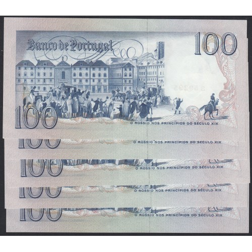 LOTE DE 5 NOTAS C/ NÚMEROS SEGUIDOS e CAPICUA - 100 ESCUDOS 1980 (NÃO CIRCULADAS) Ch.8 BOCAGE - BANCO DE PORTUGAL(02/09/1980)