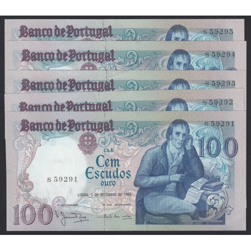 LOTE DE 5 NOTAS C/ NÚMEROS SEGUIDOS e CAPICUA - 100 ESCUDOS 1980 (NÃO CIRCULADAS) Ch.8 BOCAGE - BANCO DE PORTUGAL(02/09/1980)