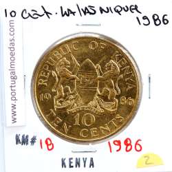 Quénia 10 cêntimos 1986 Latão-Níquel, Kenya 10 cents 1986 Nickel brass, World Coins - Kenya KM 18