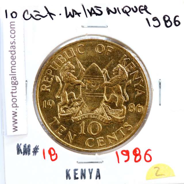 Quénia 10 cêntimos 1986 Latão-Níquel, Kenya 10 cents 1986 Nickel brass, World Coins - Kenya KM 18
