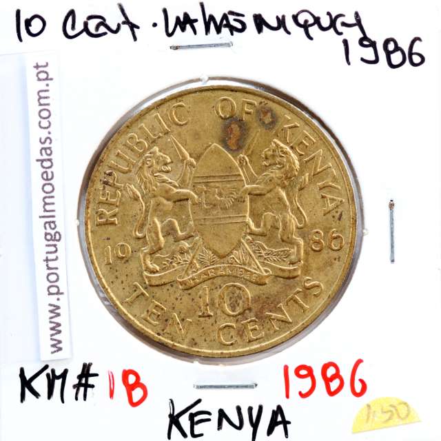 Quénia 10 cêntimos 1986 Latão-Níquel, Kenya 10 cents 1986 Nickel brass, World Coins - Kenya KM 18