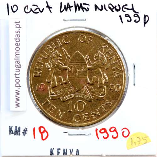Quénia 10 cêntimos 1990 Latão-Níquel, Kenya 10 cents 1990 Nickel brass, World Coins - Kenya KM 18