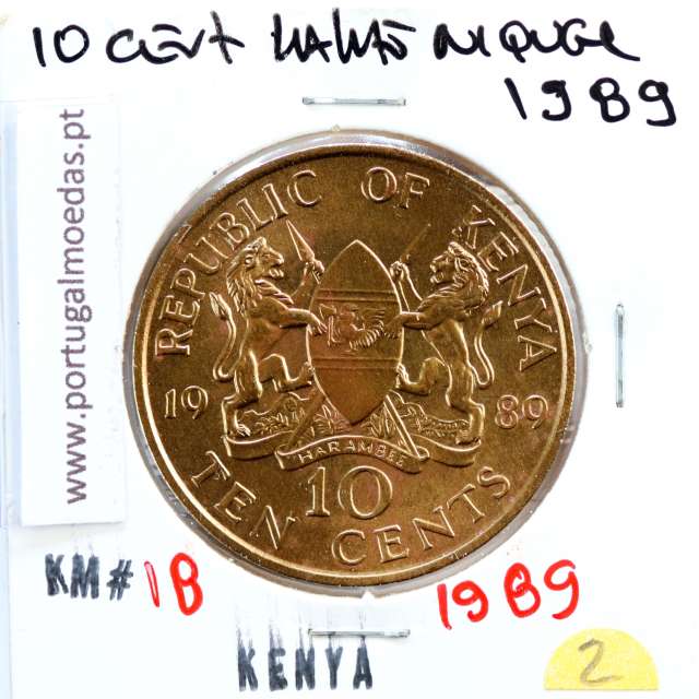 Quénia 10 cêntimos 1989 Latão-Níquel, Kenya 10 cents 1989 Nickel brass, World Coins - Kenya KM 18