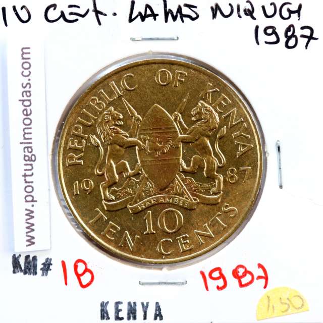 Quénia 10 cêntimos 1987 Latão-Níquel, Kenya 10 cents 1987 Nickel brass, World Coins - Kenya KM 18