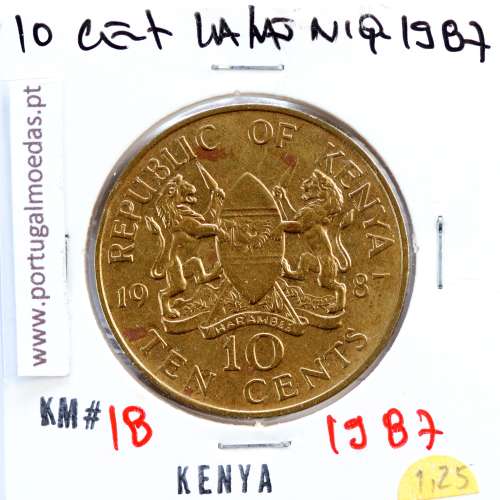 Quénia 10 cêntimos 1987 Latão-Níquel, Kenya 10 cents 1987 Nickel brass, World Coins - Kenya KM 18