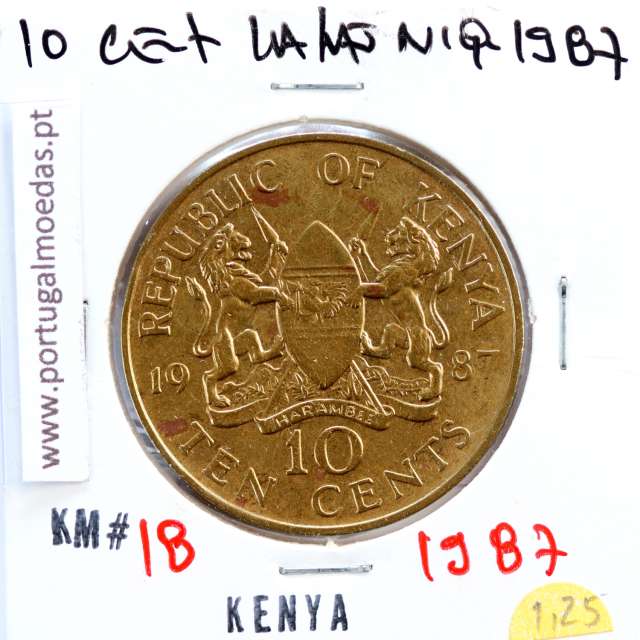 Quénia 10 cêntimos 1987 Latão-Níquel, Kenya 10 cents 1987 Nickel brass, World Coins - Kenya KM 18