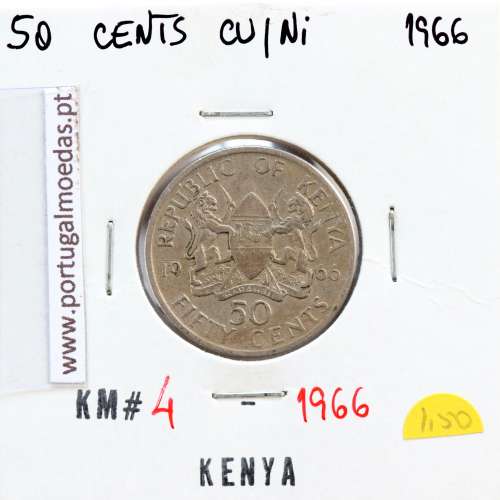 Quénia 50 cêntimos 1966 Cupro-Níquel, Kenya 50 cents 1966 Copper Nickel , World Coins - Kenya KM 4