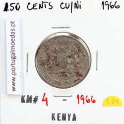 Quénia 50 cêntimos 1966 Cupro-Níquel, Kenya 50 cents 1966 Copper Nickel , World Coins - Kenya KM 4