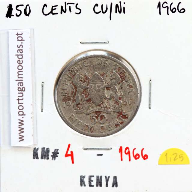 Quénia 50 cêntimos 1966 Cupro-Níquel, Kenya 50 cents 1966 Copper Nickel , World Coins - Kenya KM 4