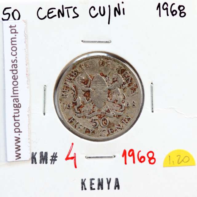 Quénia 50 cêntimos 1968 Cupro-Níquel, Kenya 50 cents 1968 Copper Nickel , World Coins - Kenya KM 4