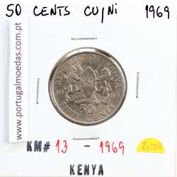 Quénia 50 cêntimos 1969 Cupro-Níquel, Kenya 50 cents 1969 Copper Nickel , World Coins - Kenya KM 13