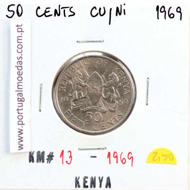 Quénia 50 cêntimos 1969 Cupro-Níquel, Kenya 50 cents 1969 Copper Nickel , World Coins - Kenya KM 13