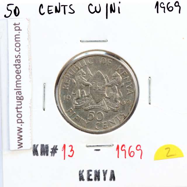 Quénia 50 cêntimos 1969 Cupro-Níquel, Kenya 50 cents 1969 Copper Nickel , World Coins - Kenya KM 13