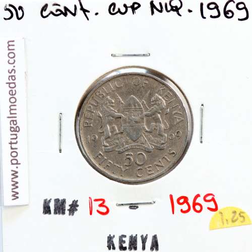 Quénia 50 cêntimos 1969 Cupro-Níquel, Kenya 50 cents 1969 Copper Nickel , World Coins - Kenya KM 13