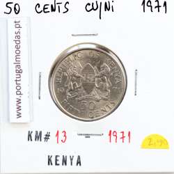Quénia 50 cêntimos 1971 Cupro-Níquel, Kenya 50 cents 1971 Copper Nickel , World Coins - Kenya KM 13
