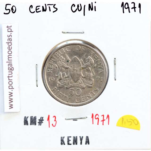 Quénia 50 cêntimos 1971 Cupro-Níquel, Kenya 50 cents 1971 Copper Nickel , World Coins - Kenya KM 13
