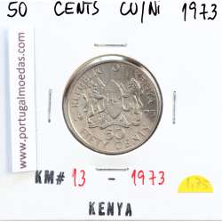 Quénia 50 cêntimos 1973 Cupro-Níquel, Kenya 50 cents 1973 Copper Nickel , World Coins - Kenya KM 13