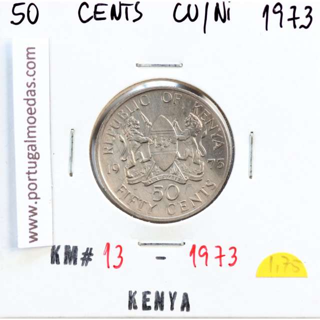Quénia 50 cêntimos 1973 Cupro-Níquel, Kenya 50 cents 1973 Copper Nickel , World Coins - Kenya KM 13