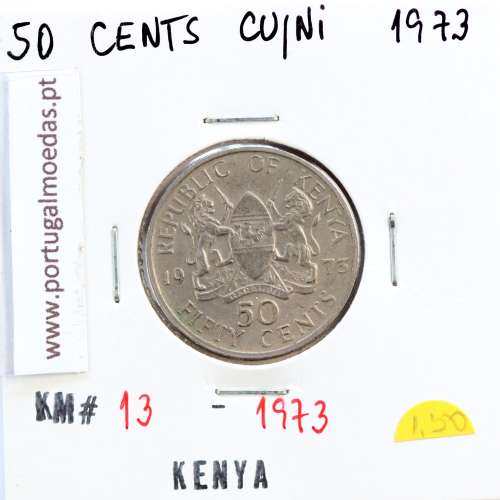 Quénia 50 cêntimos 1973 Cupro-Níquel, Kenya 50 cents 1973 Copper Nickel , World Coins - Kenya KM 13