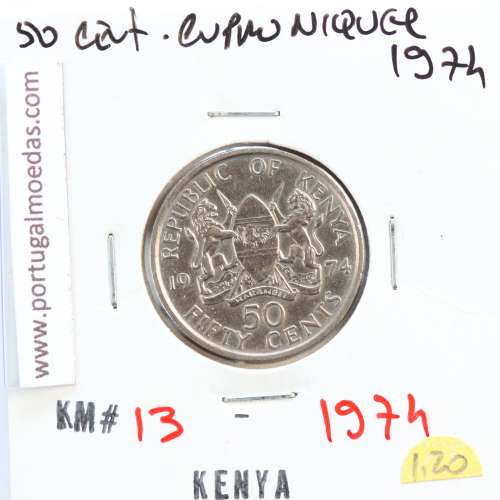 Quénia 50 cêntimos 1974 Cupro-Níquel, Kenya 50 cents 1974 Copper Nickel , World Coins - Kenya KM 13