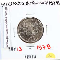 Quénia 50 cêntimos 1978 Cupro-Níquel, Kenya 50 cents 1978 Copper Nickel , World Coins - Kenya KM 13