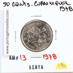 Quénia 50 cêntimos 1978 Cupro-Níquel, Kenya 50 cents 1978 Copper Nickel , World Coins - Kenya KM 13
